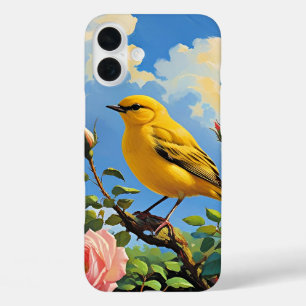 Colourful yellow bird and pretty pink roses iPhone 16 plus case