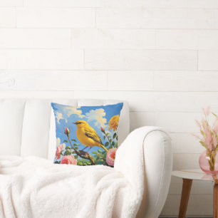 Colourful yellow bird and pretty pink roses cushion