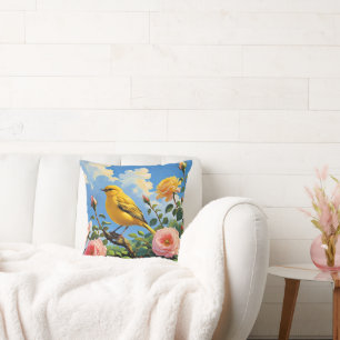 Colourful yellow bird and pretty pink roses cushion