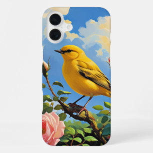 Colourful yellow bird and pretty pink roses iPhone 16 plus case