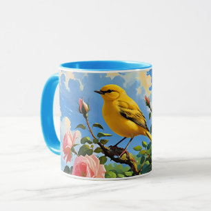Colourful yellow bird and pretty pink roses mug