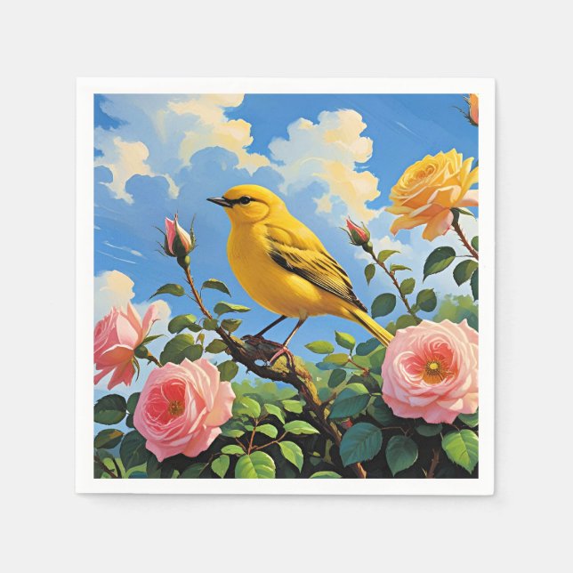 Colourful yellow bird and pretty pink roses napkin (Front)