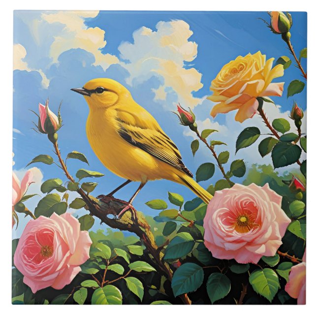 Colourful yellow bird and pretty pink roses tile (Front)
