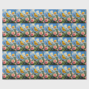 Colourful yellow bird and pretty pink roses wrapping paper
