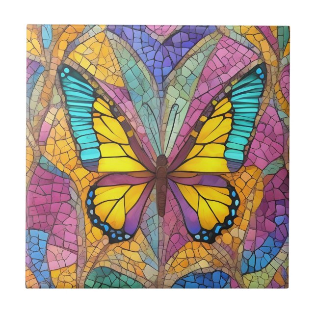 Colourful Yellow Butterfly Beautiful Mosaic Tile (Front)
