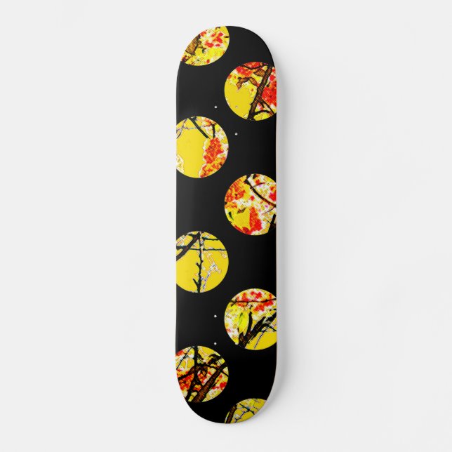 Colourful yellow circles on black skateboard (Front)