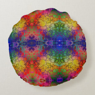 Colourful Yellow Orange Purple Mosaic Abstract Round Cushion