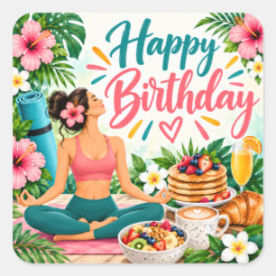 Colourful Yoga Brunch Happy Birthday Design Square Sticker