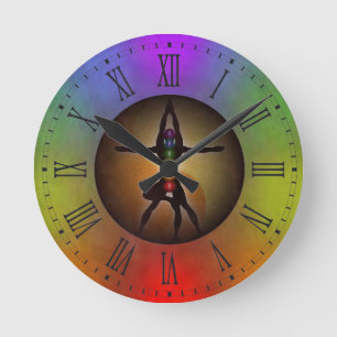 Colourful Yoga Chakras Yin Yang Grunge Large Round Clock