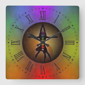 Colourful Yoga Chakras Yin Yang Roman Numerals Square Wall Clock