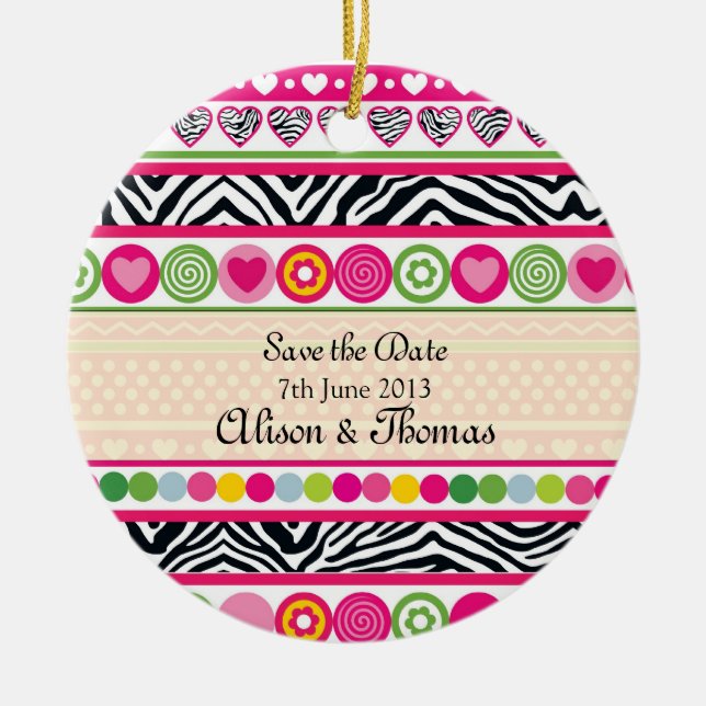 Colourful Zebra hearts 'Save the date' Ornament (Front)