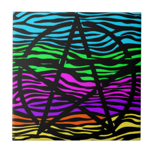 Colourful Zebra Print Pentagram Tile