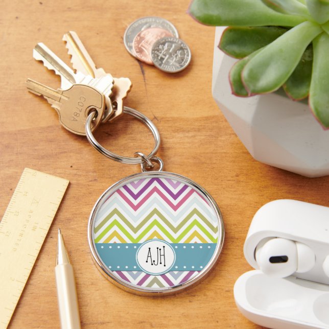 Colourful Zigzag, Rainbow Zigzag, Chevron, Monogra Key Ring (Desk)