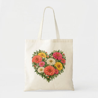 Colourful Zinnia Floral Heart Tote Bag