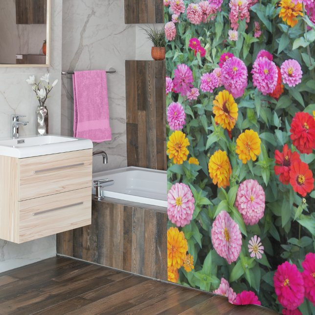 Colourful Zinnia Flowers Floral Shower Curtain (In Situ Bathroom)