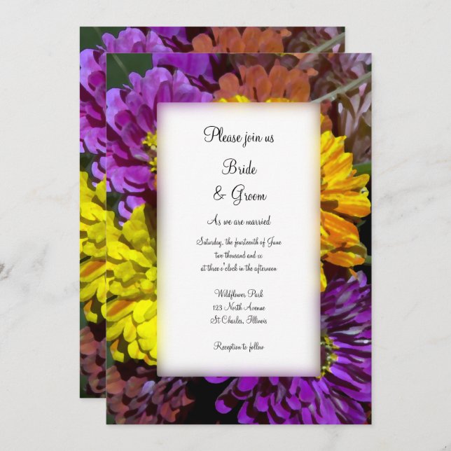 Colourful Zinnia Flowers Wedding Invitation (Front/Back)