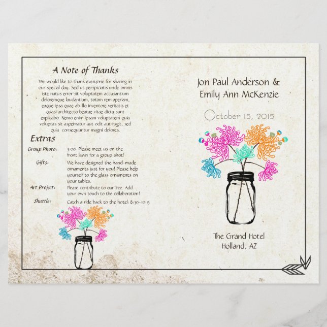 Colourful Zinnia Mason Jar Wedding Program (Front)