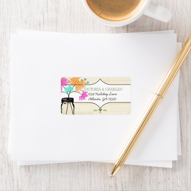 Colourful Zinnia Mason Jar Wild Flower Wedding Label (Insitu)