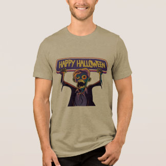 Colourful Zombie Holding Happy Halloween Banner - Tri-Blend Shirt