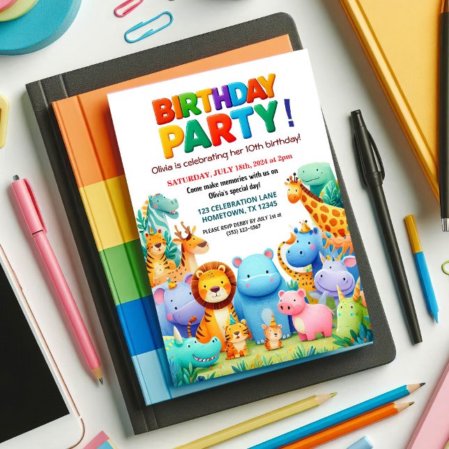 Colourful Zoo Animals Birthday Party Invitation (Creator Uploaded)