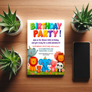 Colourful Zoo Animals Birthday Party Invitation