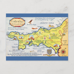 Colourfully Illustrated Map of Cornwall England Postcard