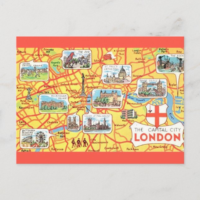 Colourfully Illustrated Map of London England Postcard (Front)
