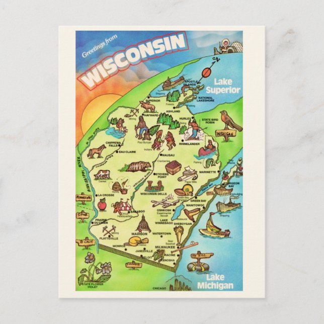 Colourfully Illustrated Wisconsin Postcard (Front)