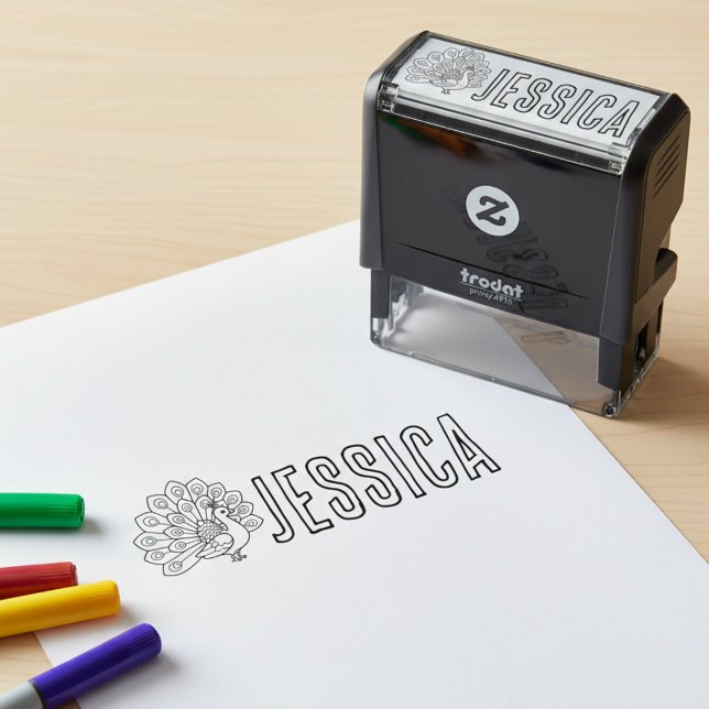 Colouring Book Peacock and Name Stamp (Coloring book style peacock and name stamp.)