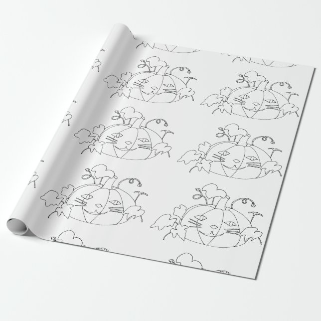 Colouring Fun Cat Face Pumpkins Wrapping Paper (Unrolled)