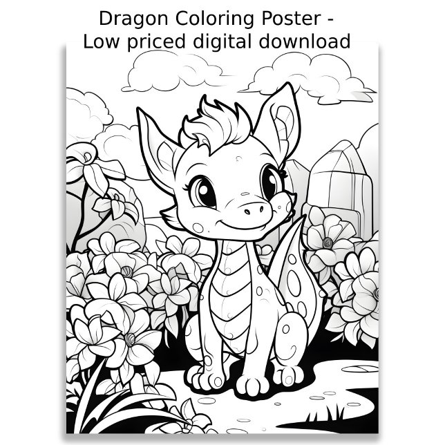 Colouring Page - Cute Dragon, Colour Your Own  Poster (Image shows a cute dragon poster in black and white that is designed to be colored in by hand.)