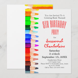 Colouring Theme Rainbow Pencils Kids Birthday Part Invitation