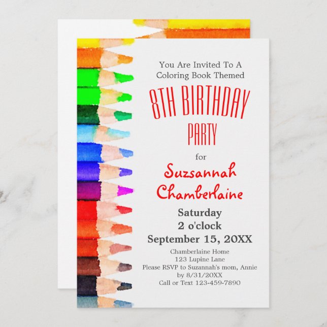 Colouring Theme Rainbow Pencils Kids Birthday Part Invitation (Front/Back)
