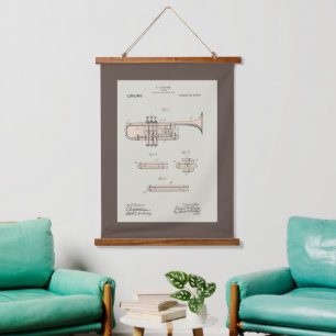 Colourized Vintage Trumpet Patent Illustration Hanging Tapestry