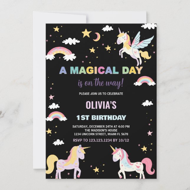 Colours Unicorns Birthday Invitations (Front)
