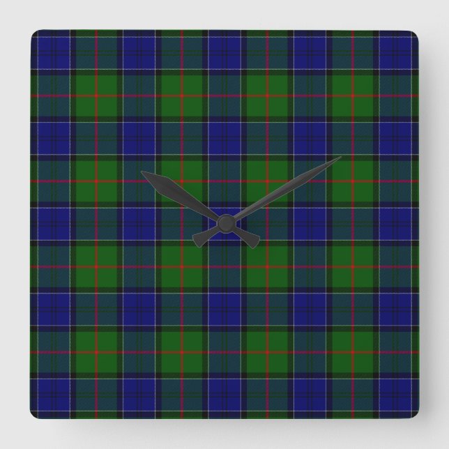 Colquhoun tartan blue green plaid square wall clock (Front)