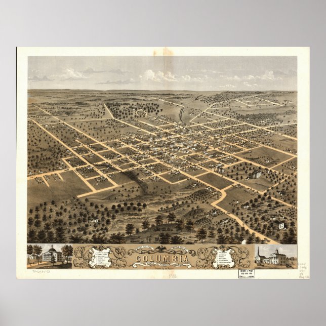 Columbia Missouri 1869 Antique Panoramic Map Poster (Front)