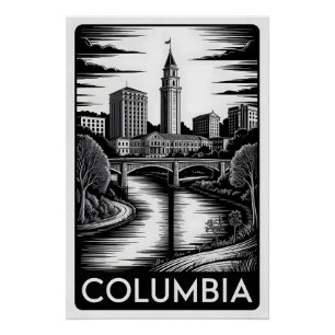 Columbia South Carolina Black White Woodcut Poster