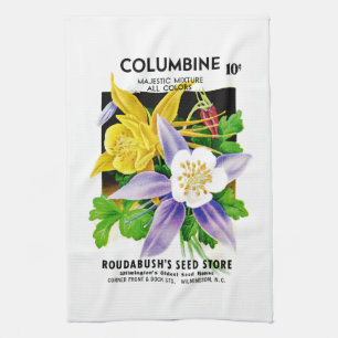 Columbine Flowers Seed Packet Label Tea Towel