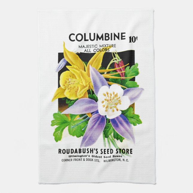 Columbine Flowers Seed Packet Label Tea Towel (Vertical)