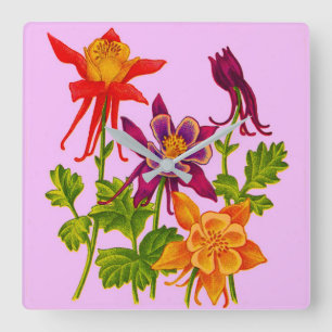 columbine flowers square wall clock