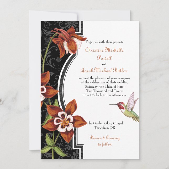 Columbine Hummingbird Wedding Invitation Orange (Front)