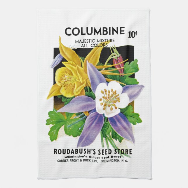 Columbine Seed Packet Label Tea Towel (Vertical)