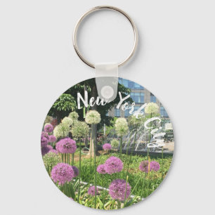 Columbus Circle NYC Allium Fountain Flowers Photo Key Ring
