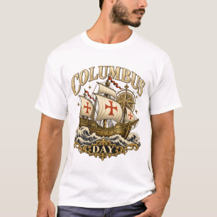 Columbus Day Vintage Ship & Gold Compass T-Shirt