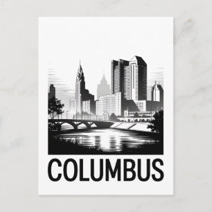 Columbus Ohio Skyline Black White Woodcut Holiday Postcard