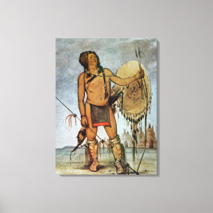 Comanche warrior with a shield, lance and bow and canvas print