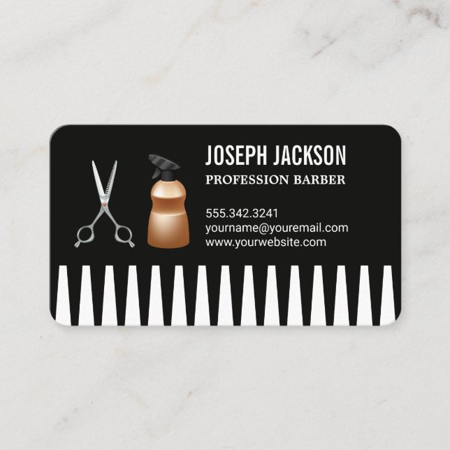 Comb | Spray Bottle and Scissors Business Card (Front)