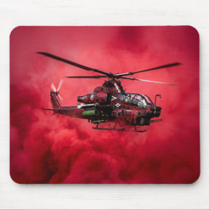 Combat Helicopter Flying Above Massive Flames Mouse Pad