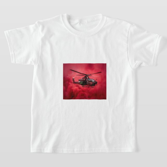 Combat Helicopter Flying Above Massive Flames T-Shirt (Laydown)